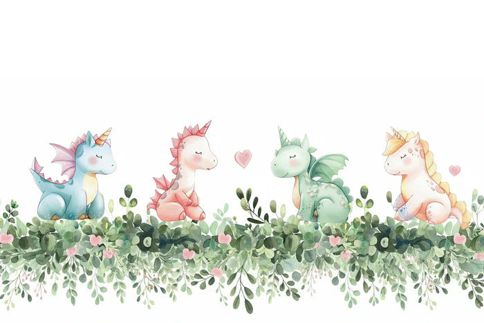 Unicorn gift card border with four pastel unicorns and leafy flowers