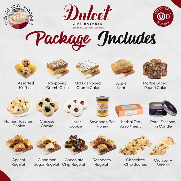 Gift basket package assortment with baked treats, honey jar, and tin candle
