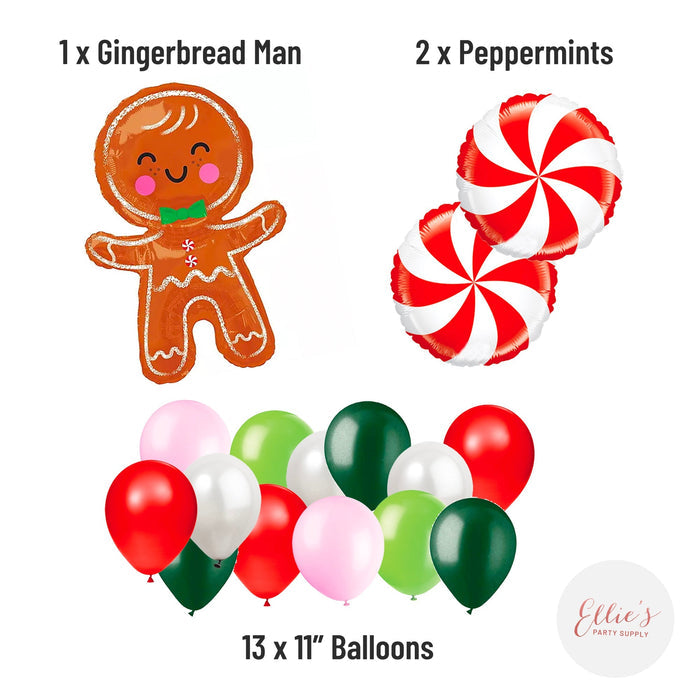 Gingerbread man and peppermint balloon set with multicolor latex balloon cluster
