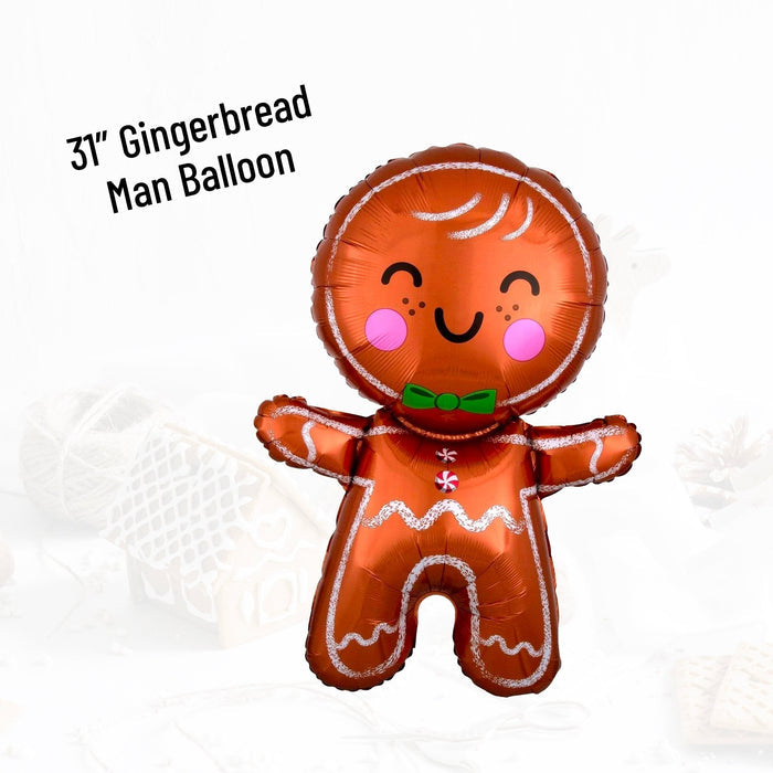 Gingerbread man foil balloon with smiling face and gingerbread pattern, 3 in text
