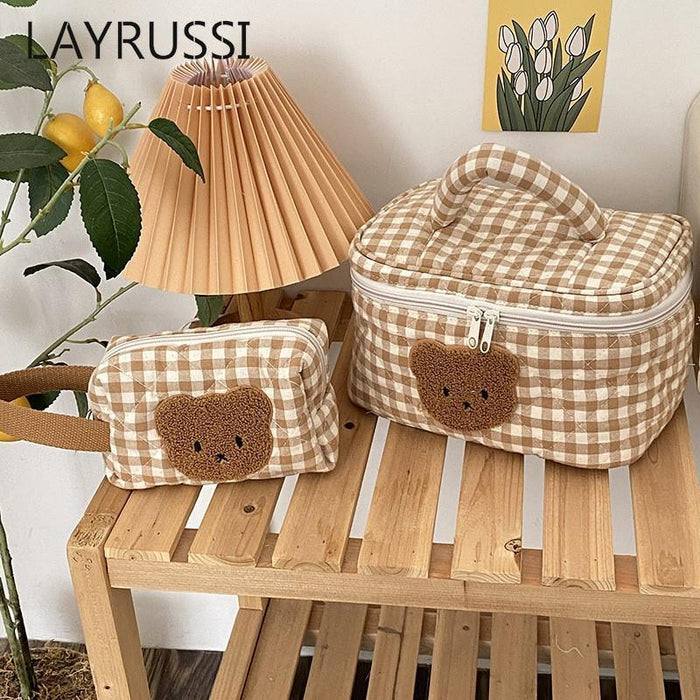Gingham teddy bear cosmetics bag with matching lid and brown bear applique