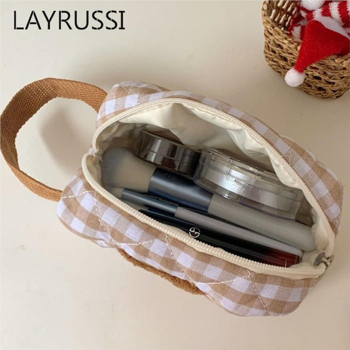 Gingham teddy bear cosmetics bag open view showing inner compartments