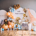 Giraffe safari balloon garland kit with blue, mocha, and orange balloons plus giraffe birthday decor