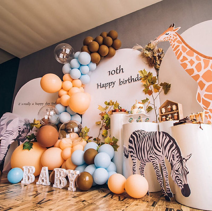 Giraffe safari balloon garland kit balloon arch with blue, mocha, and orange balloons and giraffe