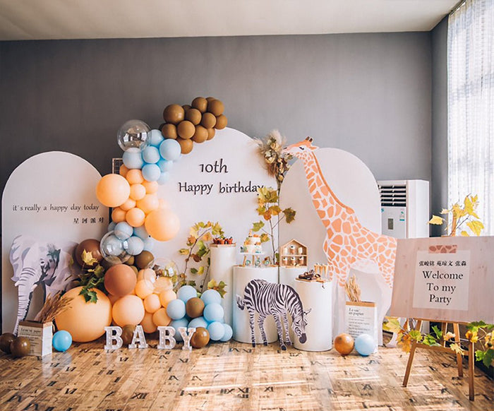 Giraffe safari balloon garland kit balloon backdrop with giraffe cutout and blue mocha orange balloons