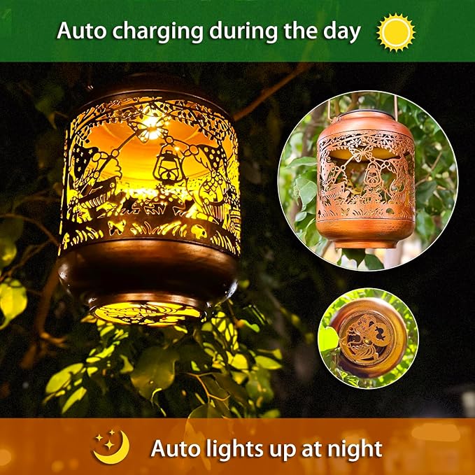Brown copper solar lantern with warm light, showing auto-charging glowing panels