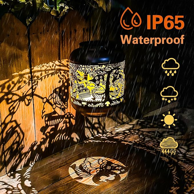 Copper solar lantern in rain, waterproof lantern with glowing gnome cutouts