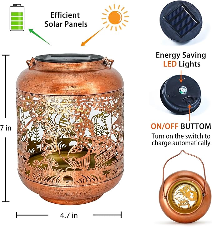 Copper solar lantern jar with embossed leaf and gnome scene, flat top and handle