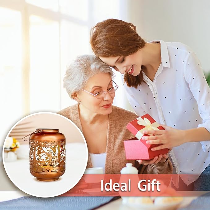 Copper solar lantern on gift moment, warm glow through decorative cutouts