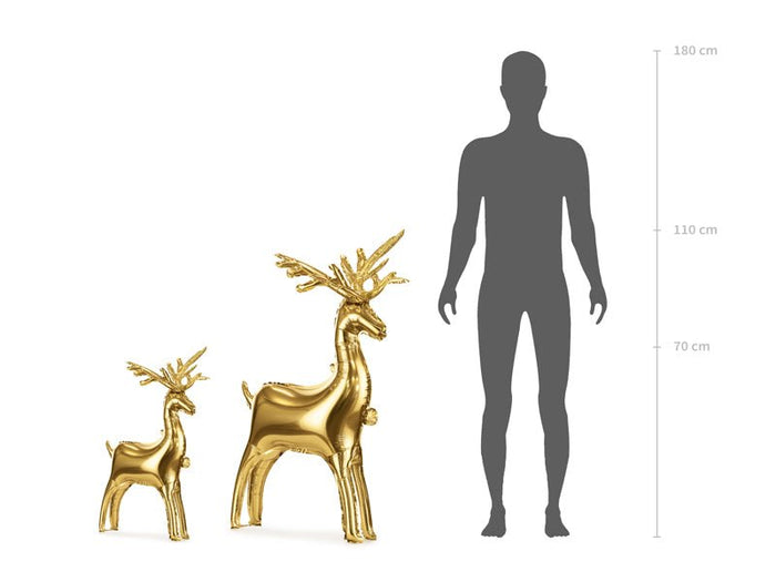 Gold deer foil balloon with standing person size chart