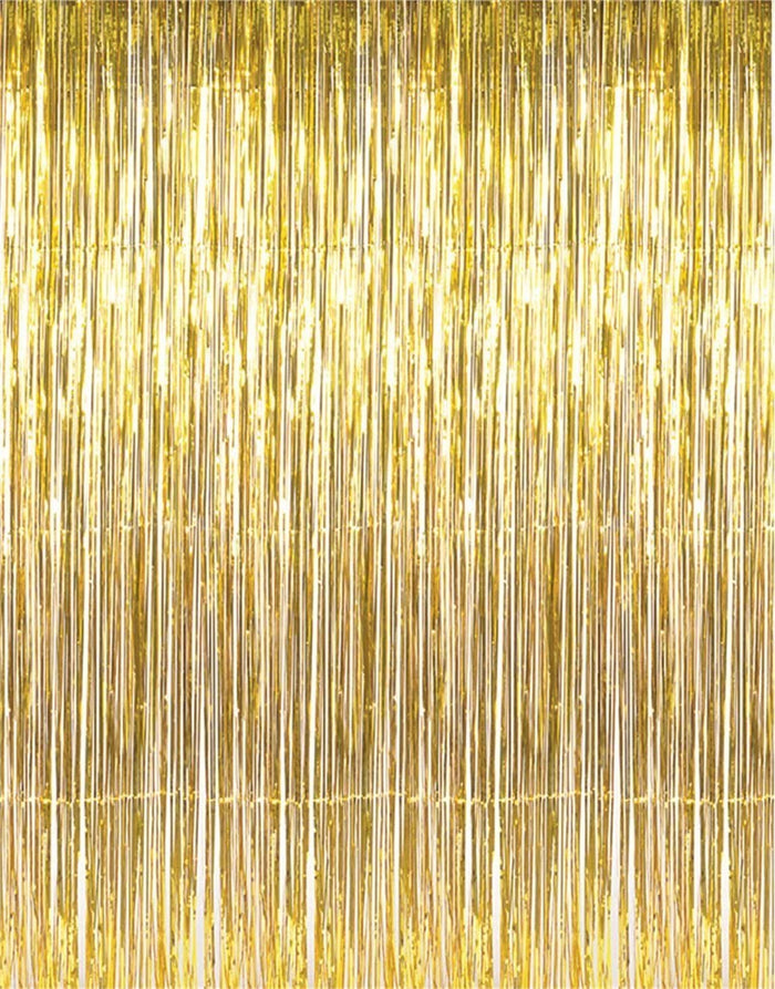 Gold metallic fringe curtain panel with dense vertical shiny strands