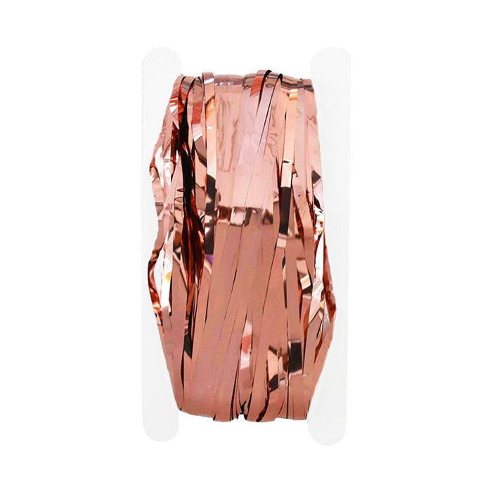 Rose gold metallic fringe curtain roll with hanging vertical strip fringe