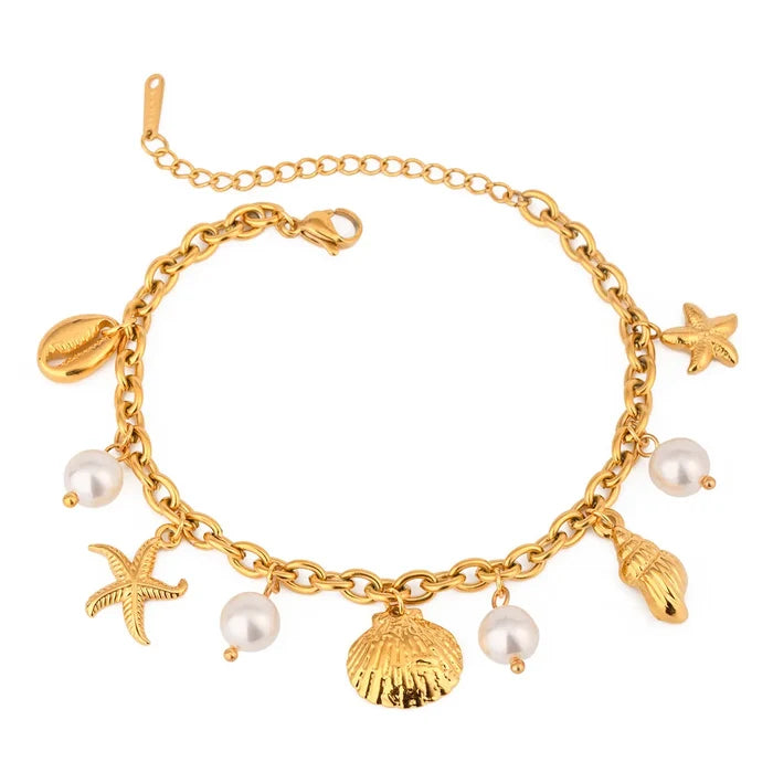 Gold Ocean Charm Bracelet – Starfish, Seashell, Seahorse & Pearl | 18K Gold Plated Stainless Steel | Adjustable 9.1" | Coastal Jewellery Gift for Her