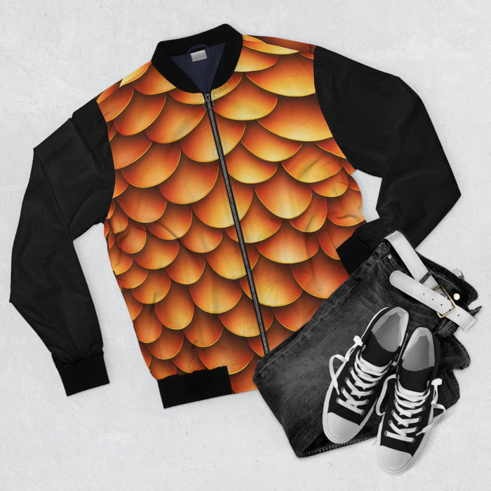 Golden Dragon Scale Bomber Jacket - Amber Gold Scale Print with Black Sleeves, Fantasy Streetwear for Men and Women XS to 3XL
