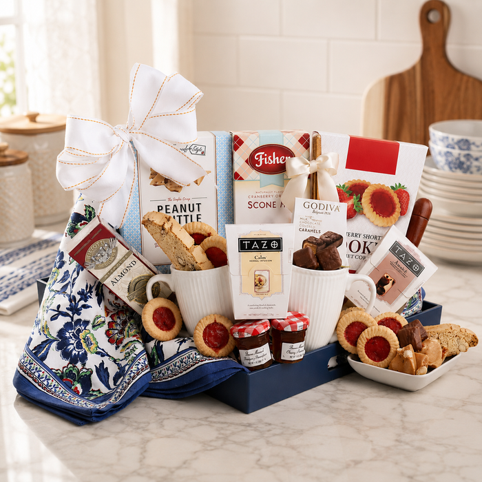 Breakfast tray gift basket with blue tray, floral cloth, cups, and assorted snack packages
