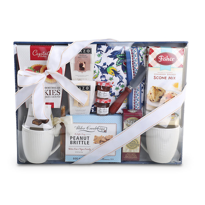 Breakfast tray gift basket in gift box with blue-and-white patterned cloth and snack packs