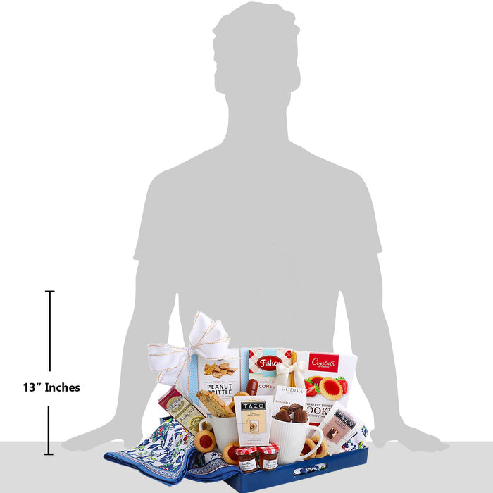 Breakfast tray gift basket, 13-inch size, with blue tray, napkin, mugs, and snack packages