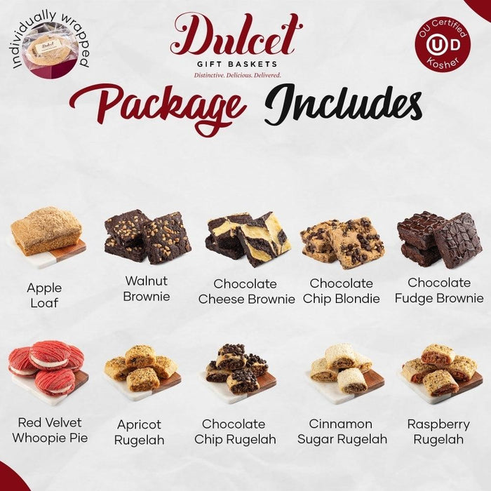 Assorted cookie varieties on tray: brownies, rugelach, and sugar treats