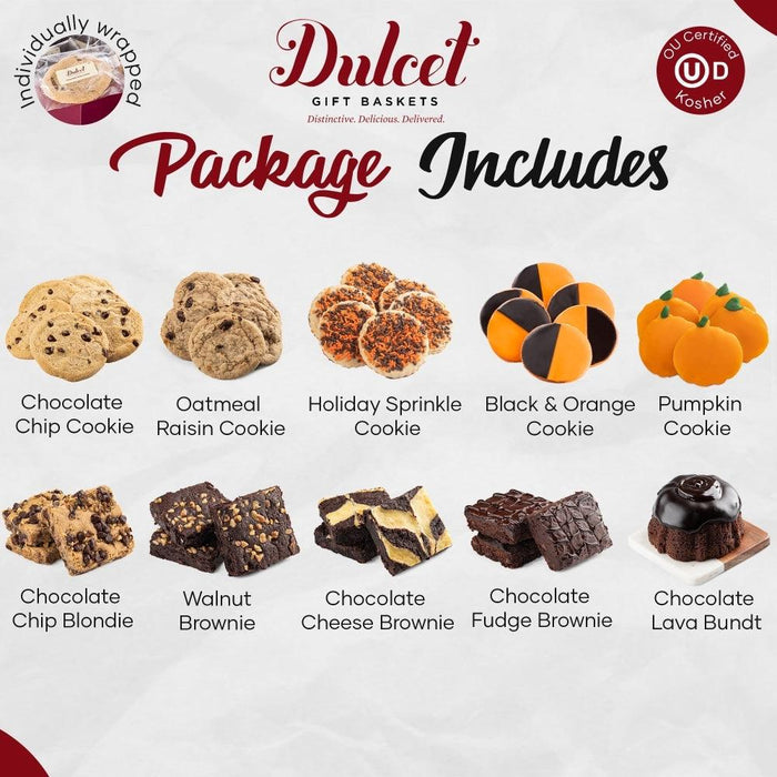 Dulcet gift basket assortment with cookies, brownies, and orange-shaped treats