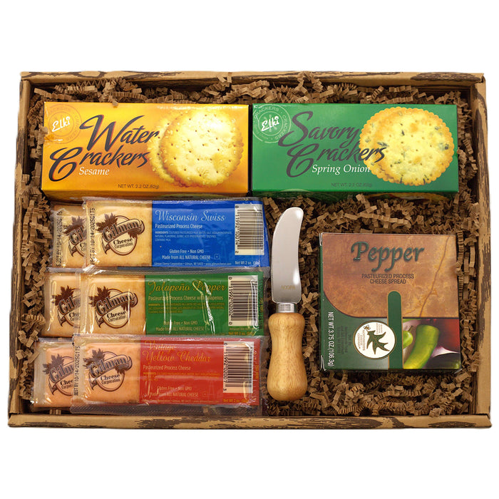Cheese lovers gift box with assorted crackers, cheese bars, cheese spread and pepper