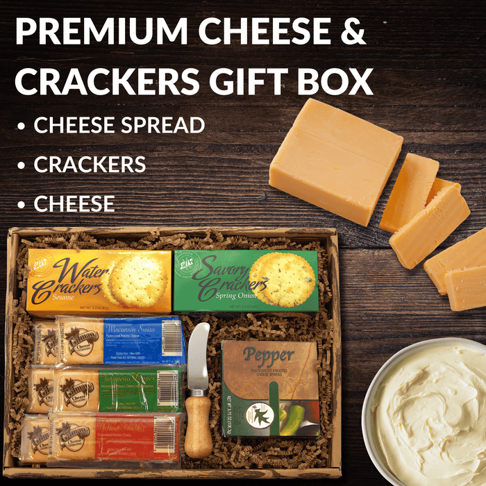 Premium cheese and crackers gift box with cheese spread, crackers, cheese and serving knife