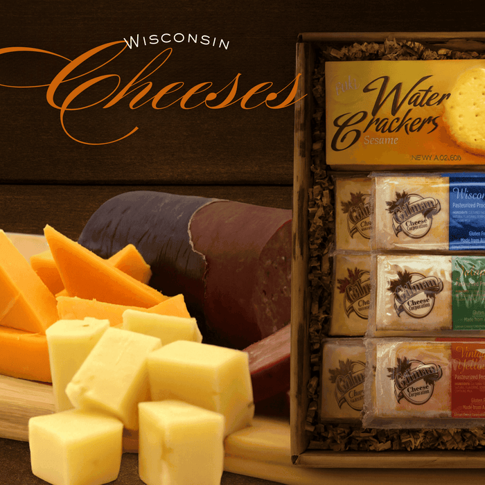 Cheese gift box with cheddar-style cheese cubes and assorted crackers