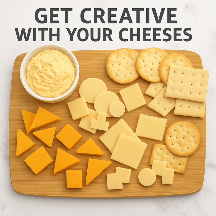 Cheese and crackers serving board with assorted cheese pieces and crackers