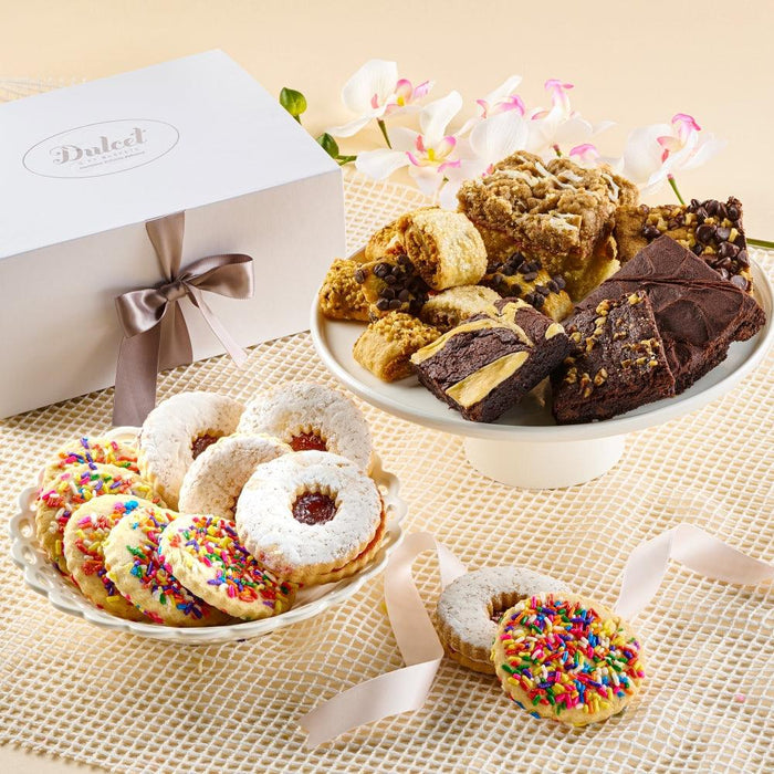 Dulcet cookie and brownie gift box with assorted cookies on white plate