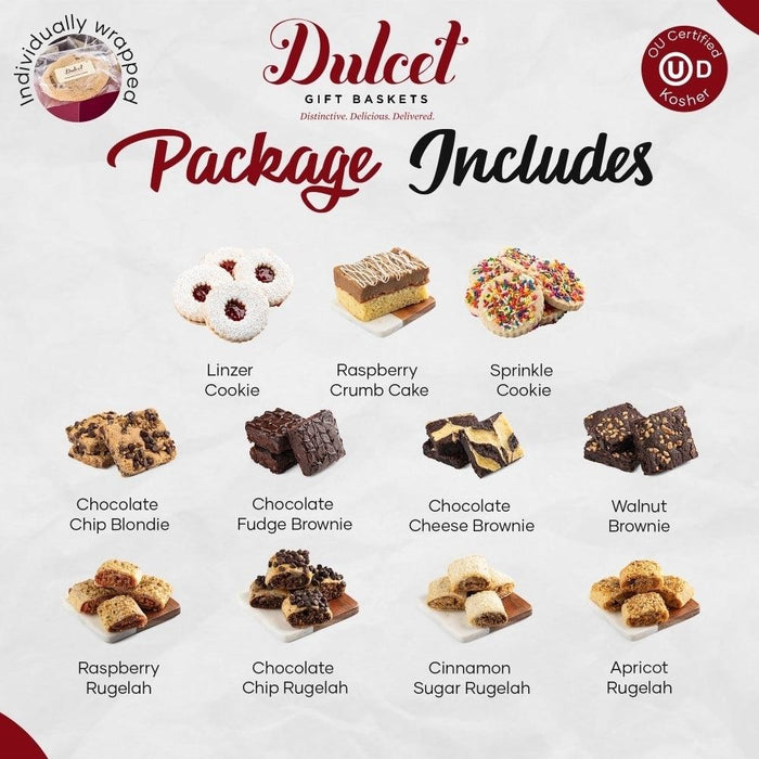 Gift box package showing assorted cookies and brownies with variety photos