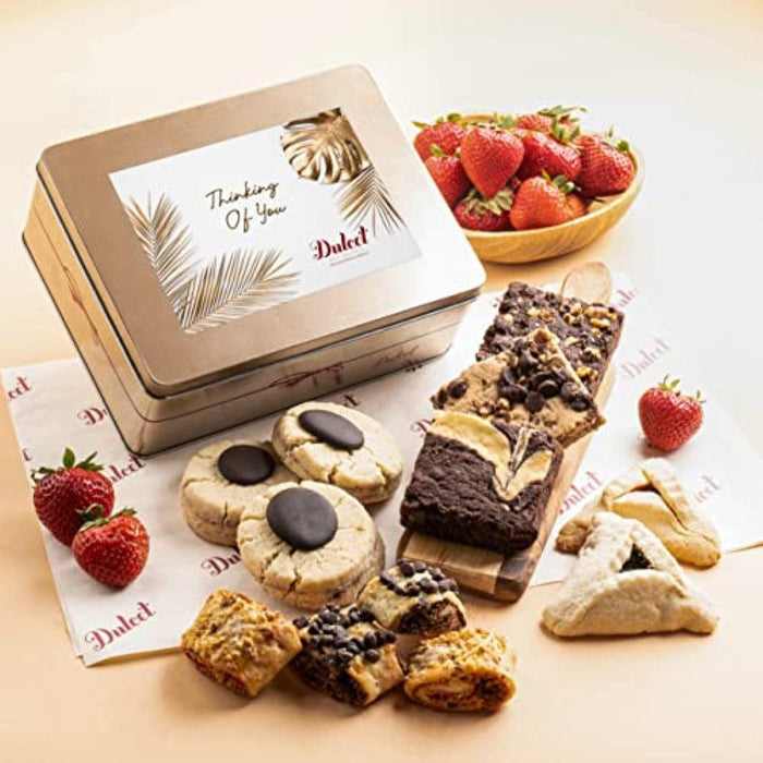 Gourmet cookie and brownie tin with assorted treats and a Thank You card