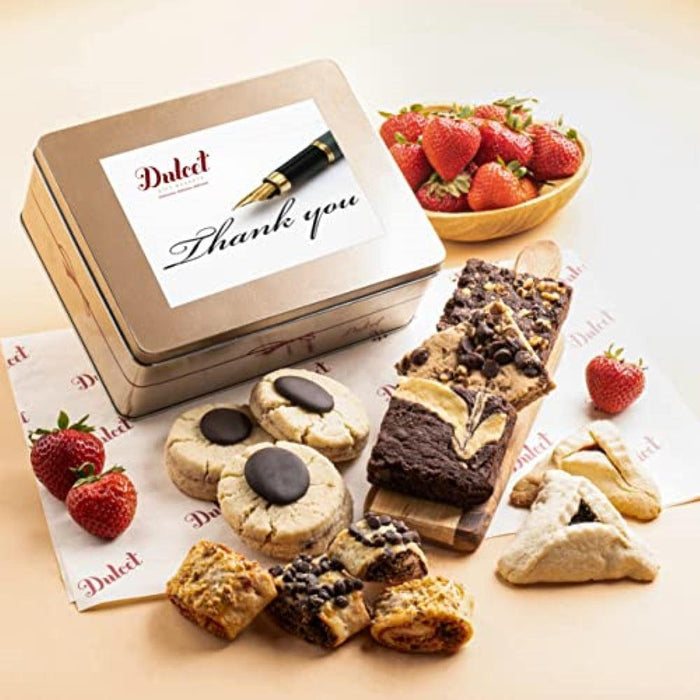 Gourmet cookie and brownie tin with assorted cookies, brownies, and Thank you insert