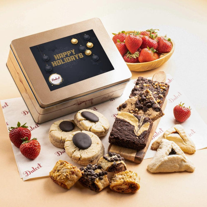 Gourmet cookie and brownie tin with assorted treats and Happy Holidays message card