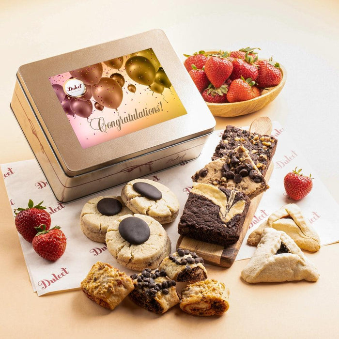 Gourmet cookie and brownie tin with assorted treats and Congratulations message card