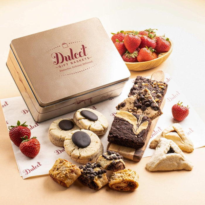 Gourmet cookie and brownie tin with assorted cookies, brownies, and Dulcet label