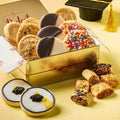 Graduation tin with assorted cookies, chocolate-dipped pieces, and sprinkle-topped cookies