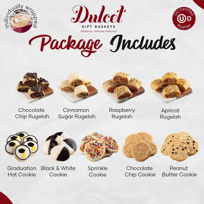 Package includes a variety of graduation cookie flavors, shown by type