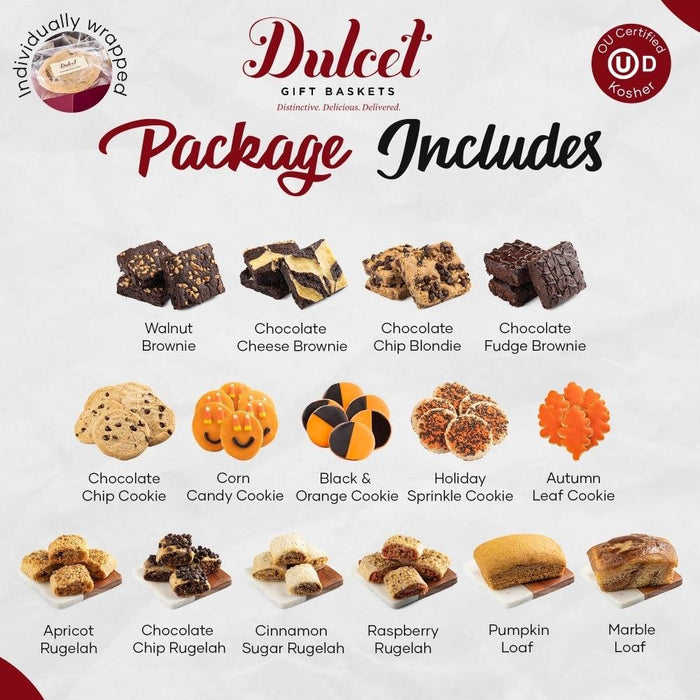 Dulcet gift baskets package includes assorted cookie varieties shown on a tray