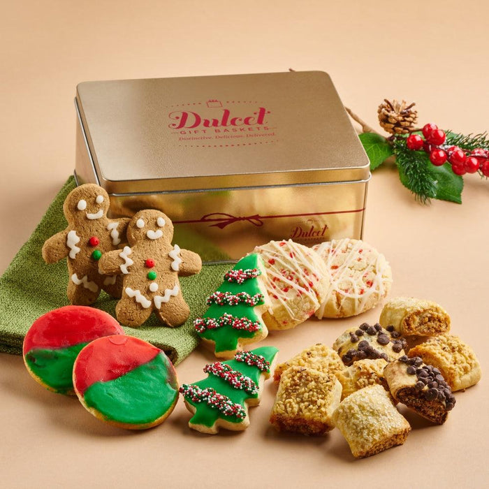 Gourmet holiday festive tin with gingerbread cookies and assorted treats