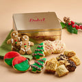 Gourmet holiday festive tin with gingerbread cookies and assorted treats