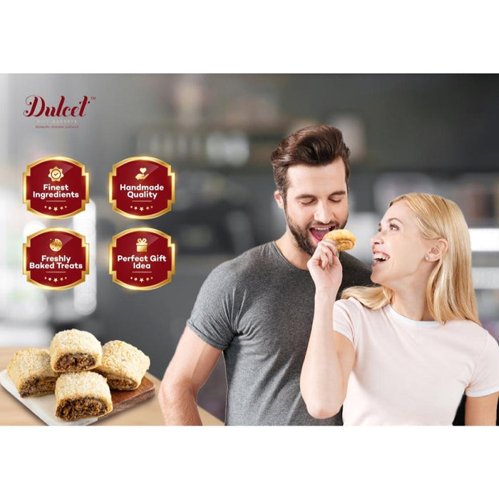 Holiday gift basket graphic with cookies, Dulcet logo, and a couple tasting