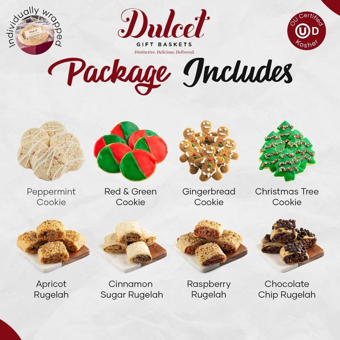 Holiday cookie package includes peppermint, gingerbread, Christmas tree, and rugalach