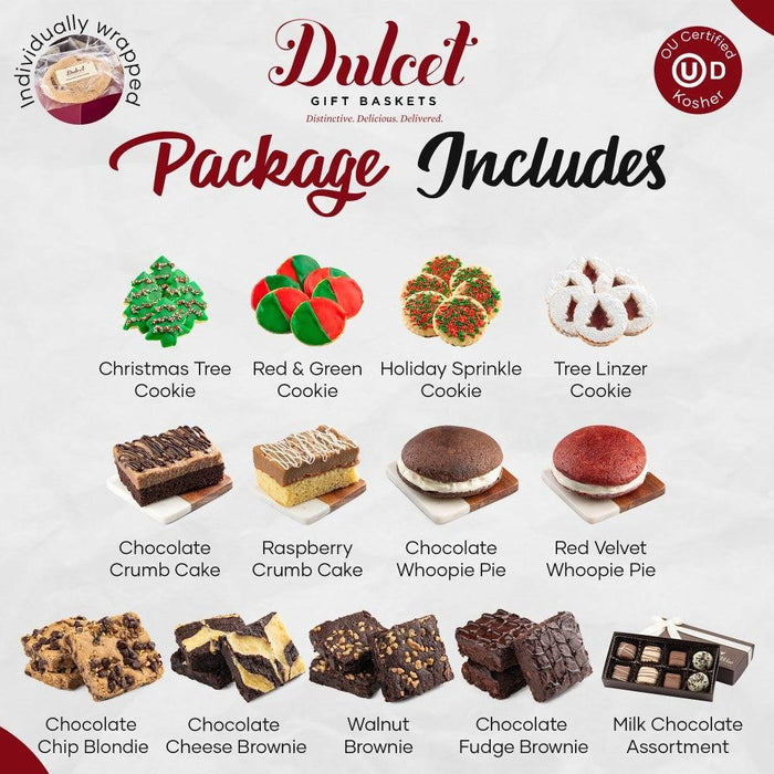 Cookie assortment layout: Christmas tree, red-green cookie, sprinkle cookie, linzer