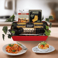 Red gift basket with Italian pasta packages and sauce mix assortment