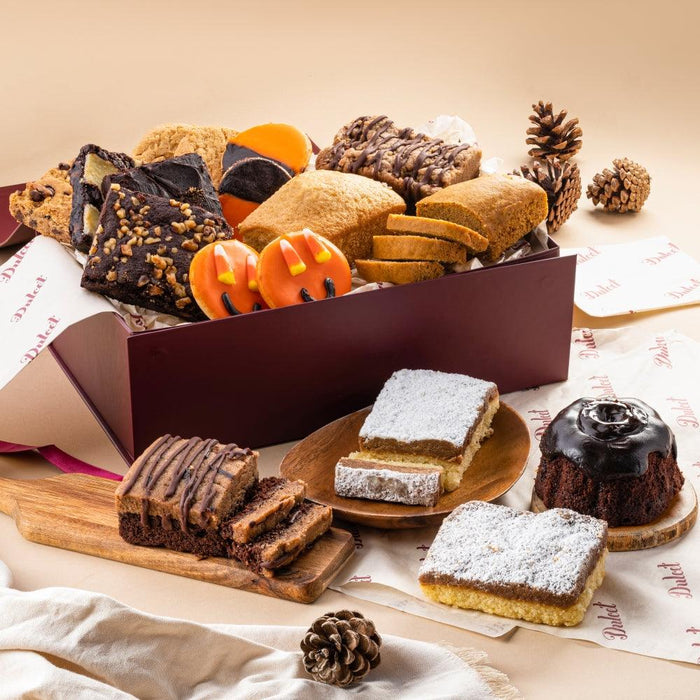Grand Halloween party gift box with assorted pastries in a brown gift tray