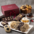 Gift basket with assorted cookies, brownies, and pastries in a maroon box and tray