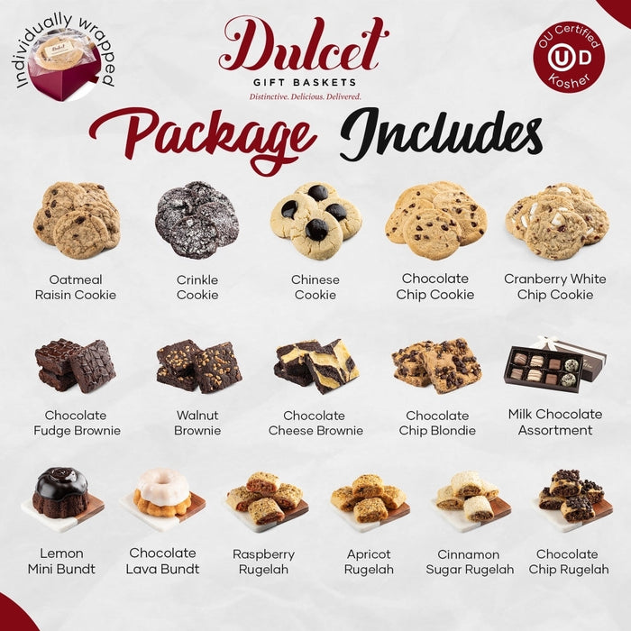Gift basket cookie sampler featuring multiple cookie types, including brownies and bites
