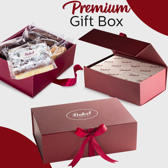Premium gift box with maroon lid and red ribbon bow, with gift basket contents