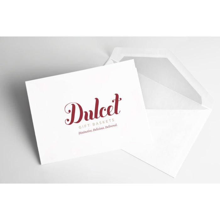 Dulcet gift basket mailer envelopes with red logo, two pieces stacked