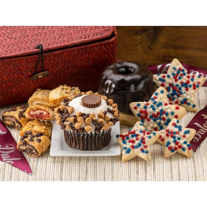 Grand Patriotic Sampler gift set with cupcakes, brownie, cookies, and star-shaped sugar cookies
