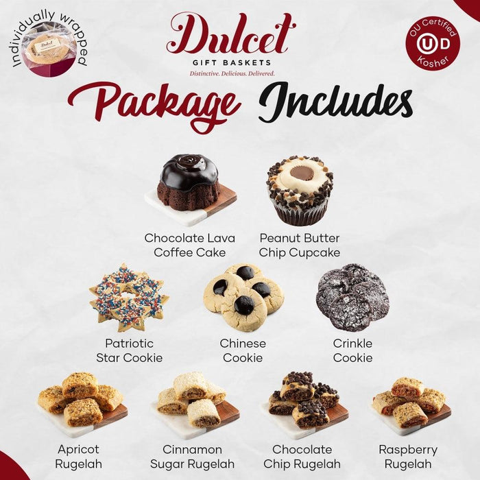 Package includes assorted desserts: chocolate lava cake, peanut butter chip cupcakes, cookies